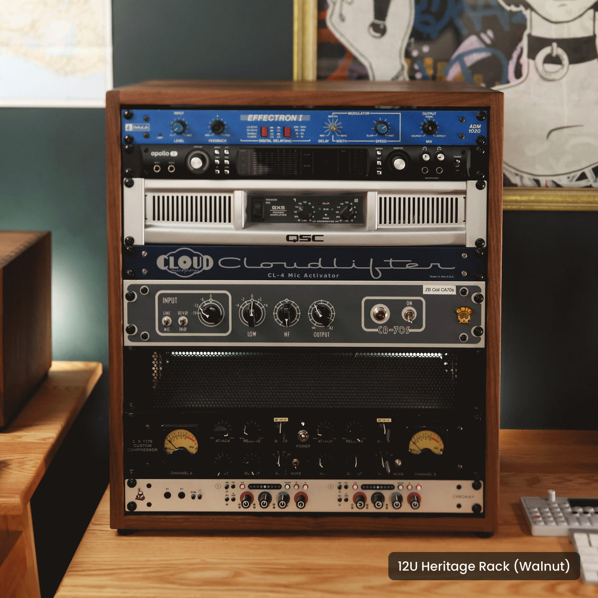 Handmade wood 12U Heritage Rack (Walnut), in a home studio