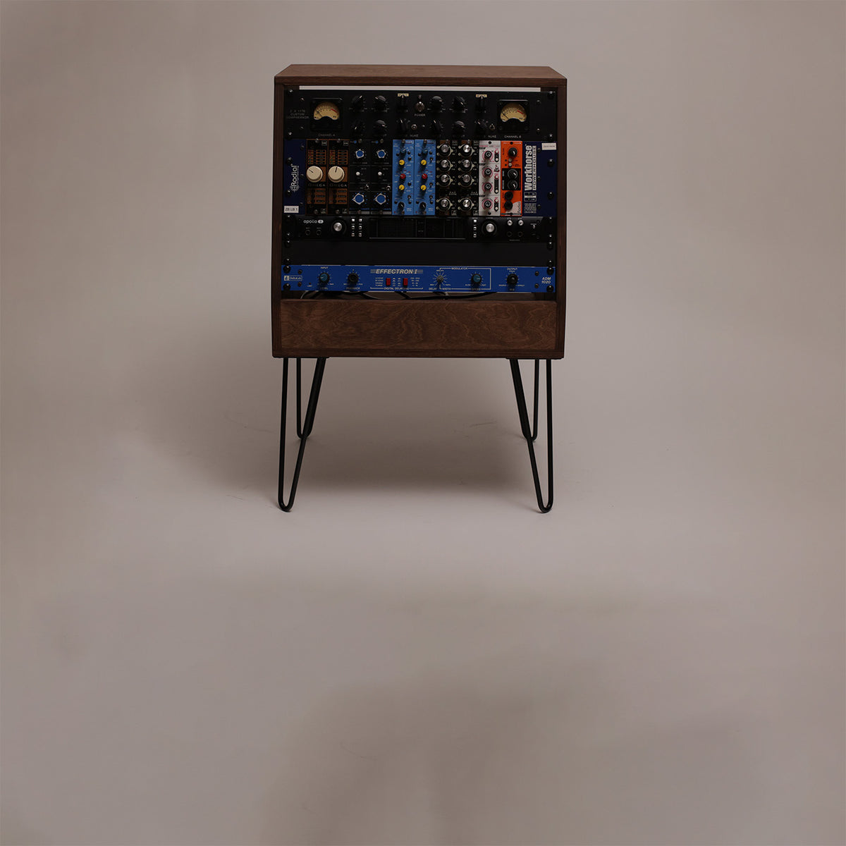 In-stock angled 8U studio rack in Chocolate on hairpin legs