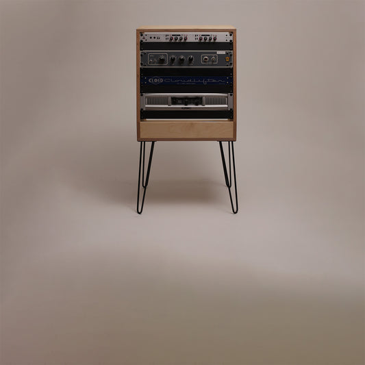 In-stock angled 10U studio rack in Natural on hairpin legs