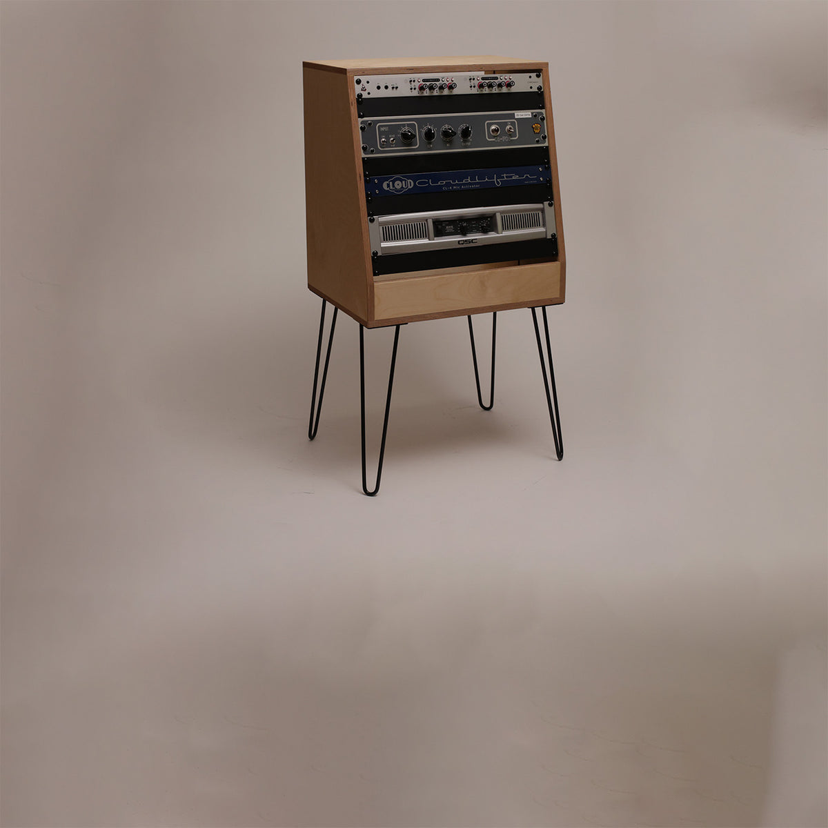 Angled 10U Natural studio rack, side angle
