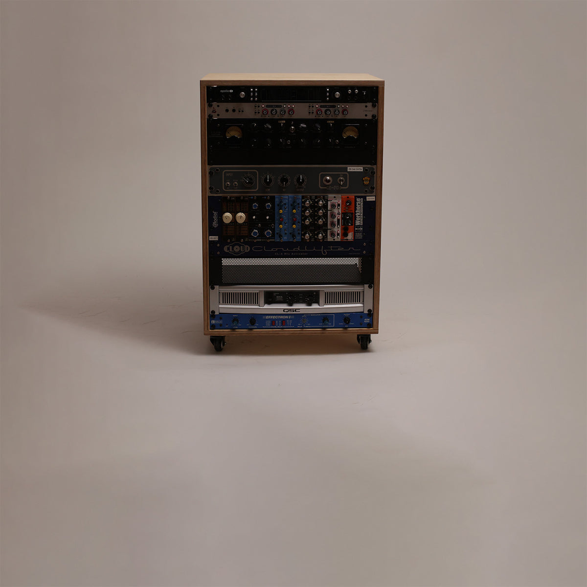 16U Natural studio rack with vented top, front view