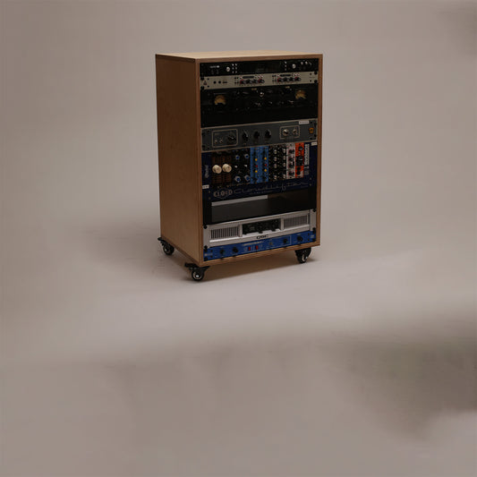 In-stock 16U studio rack in Natural with vented top on wheels