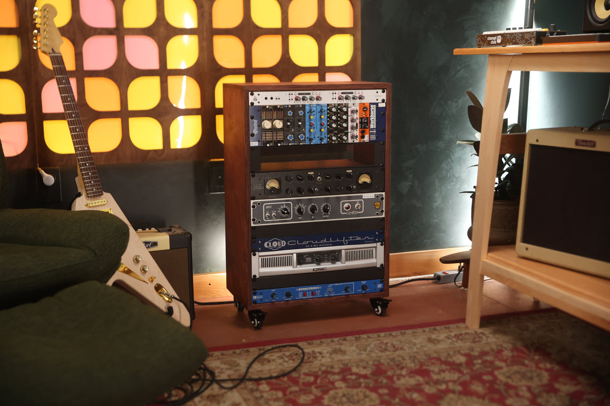 In Stock: 16U Studio Rack, 12" Deep, Caramel, on Wheels