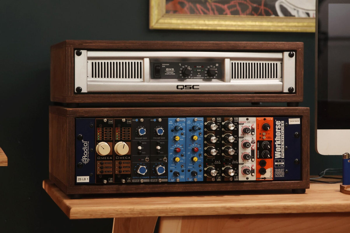 2U and 3U Chocolate desktop studio racks on a studio desk
