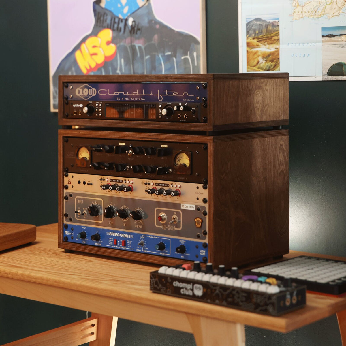2U and 6U Chocolate desktop studio racks on a studio desk