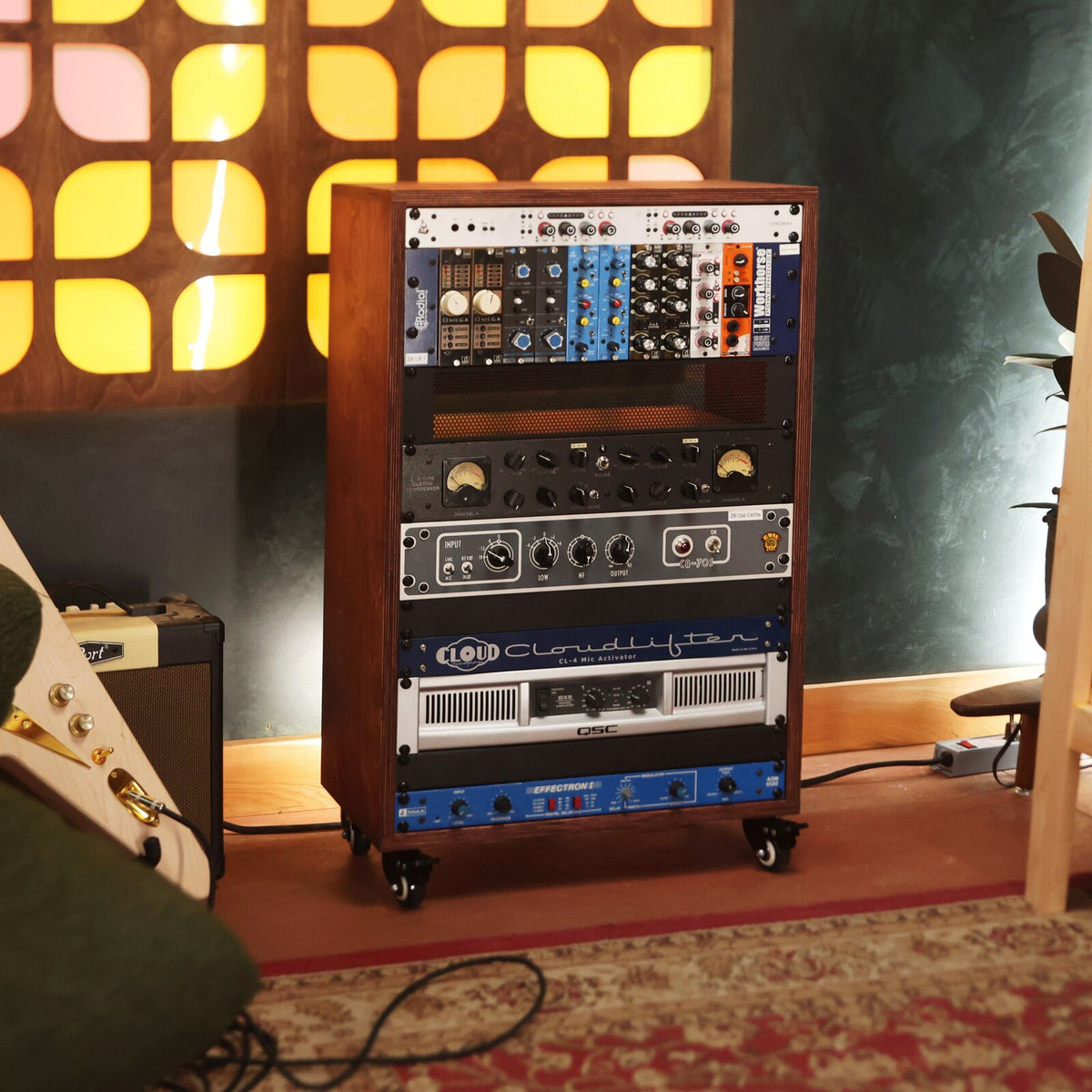 16U Caramel studio rack on wheels loaded with gear