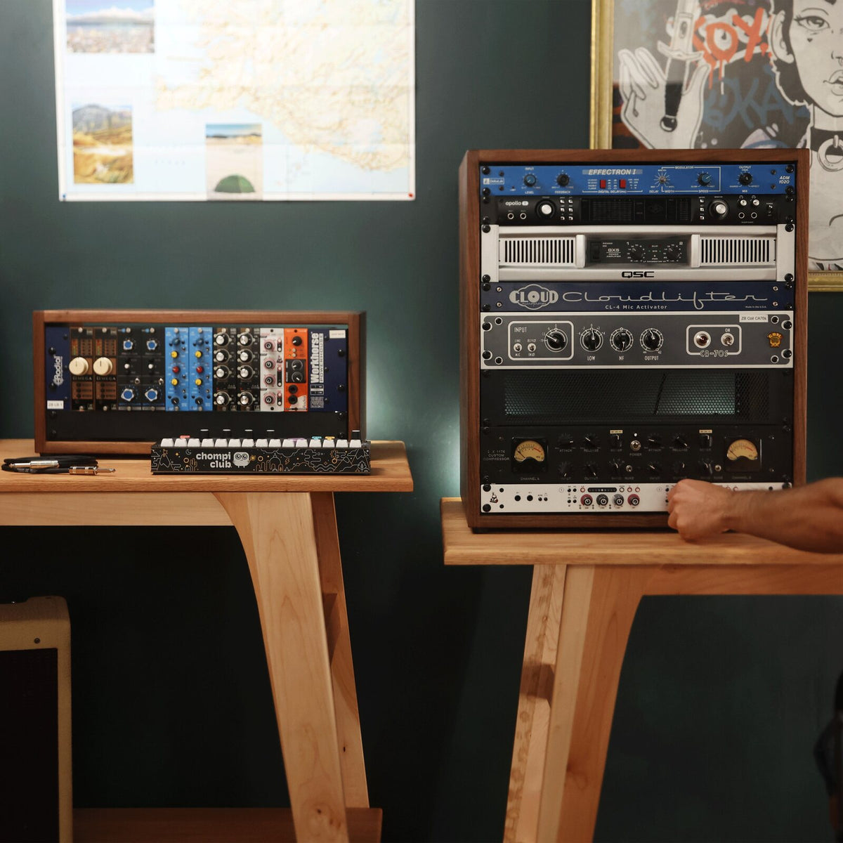 Heritage Series walnut 12U and 4U studio racks with gear