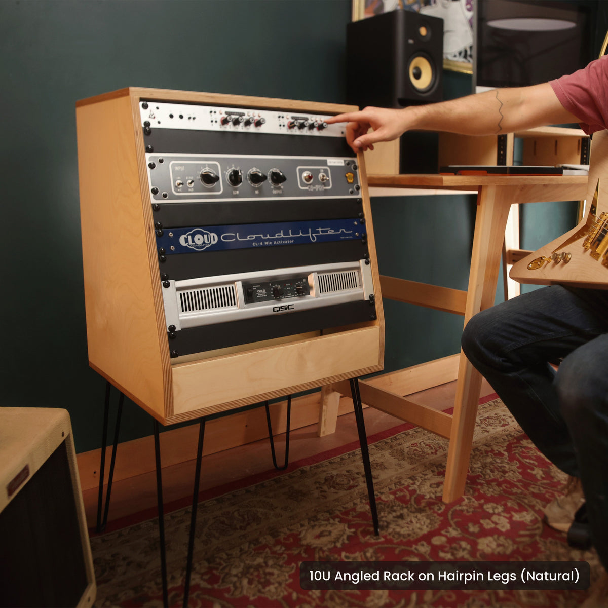 Handmade wood 10U Angled Rack on Hairpin Legs (Natural), in a home studio