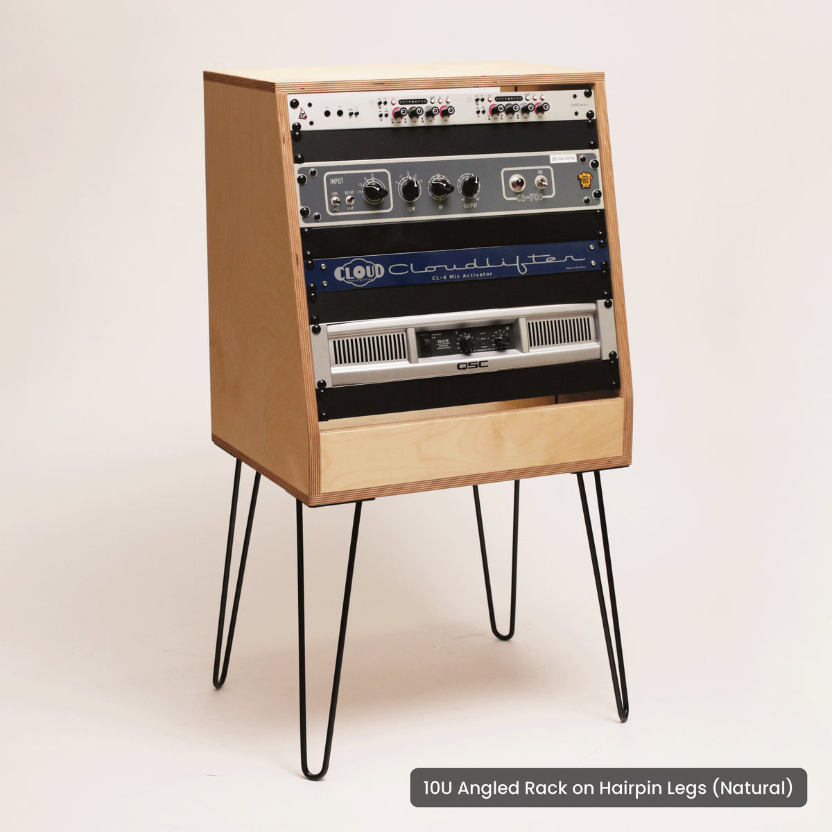 Handmade wood 10U Angled Rack on Hairpin Legs (Natural), on a white background