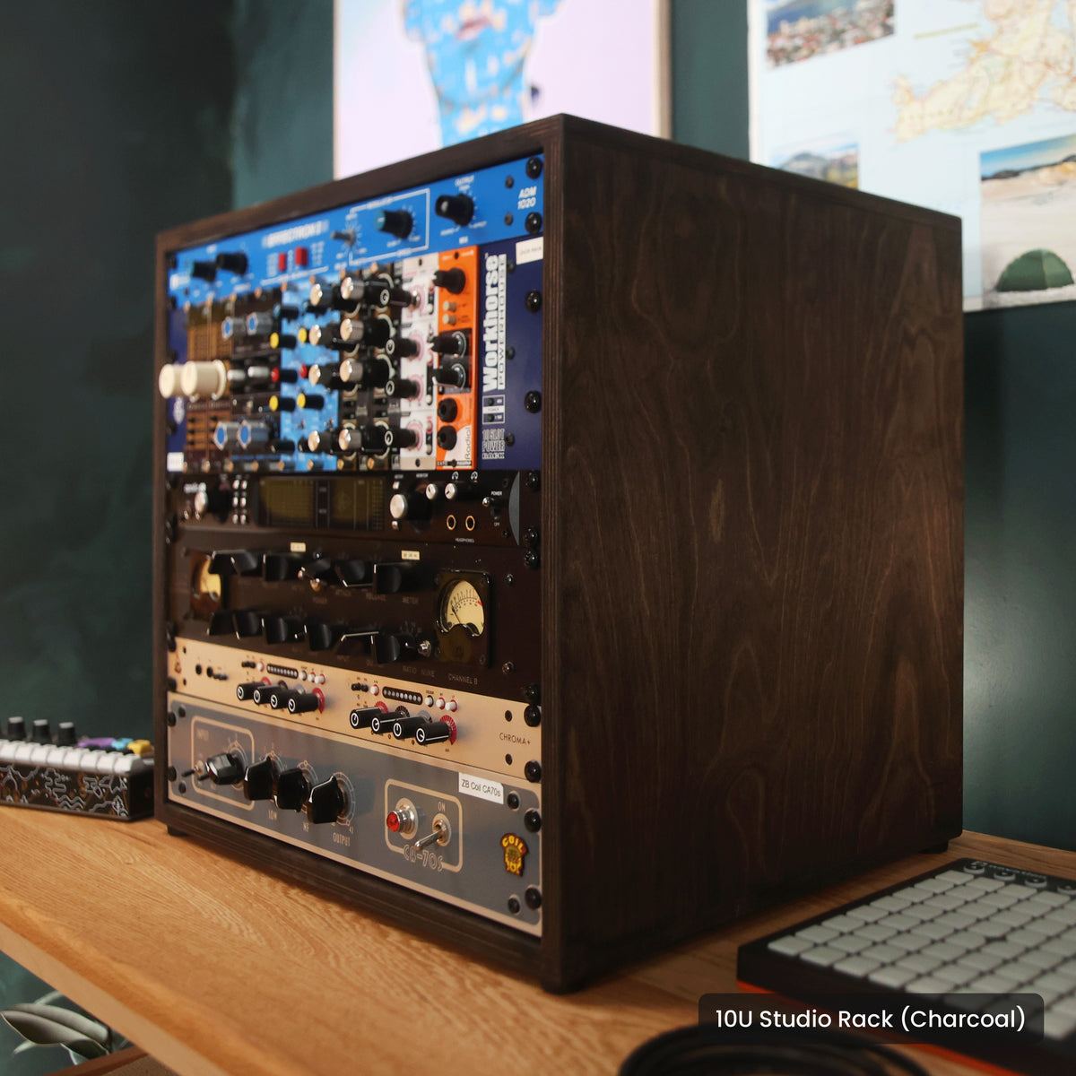 Handmade wood 10U Studio Rack (Charcoal), in a home studio