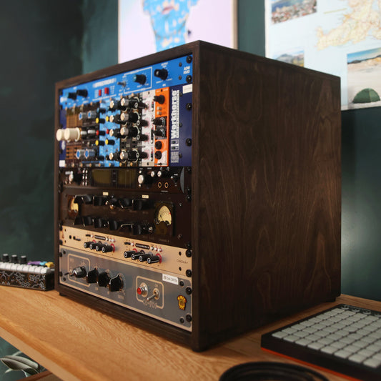 Handmade wood 10U Studio Rack (Charcoal), in a home studio