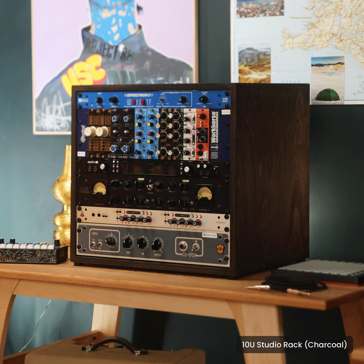 Handmade wood 10U Studio Rack (Charcoal), in a home studio