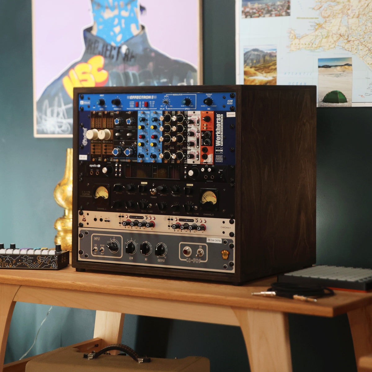 Handmade wood 10U Studio Rack (Charcoal), in a home studio