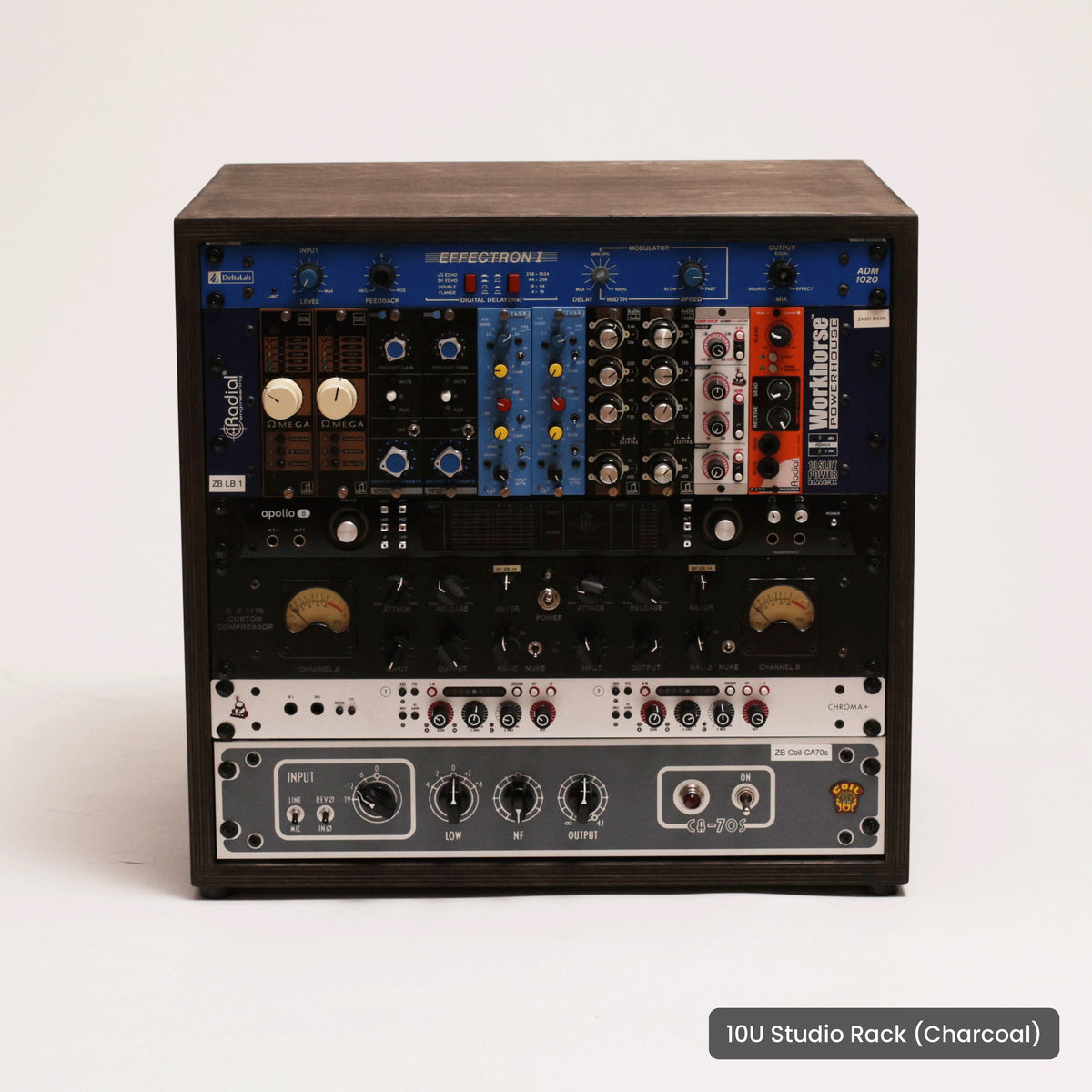 Handmade wood 10U Studio Rack (Charcoal), on a white background