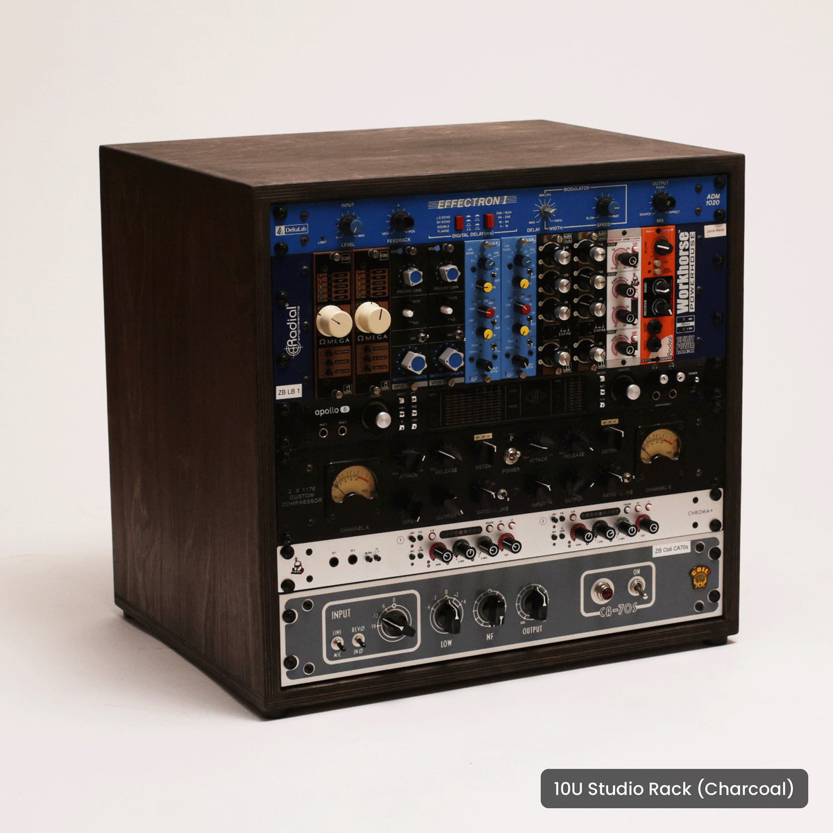 Handmade wood 10U Studio Rack (Charcoal), on a white background