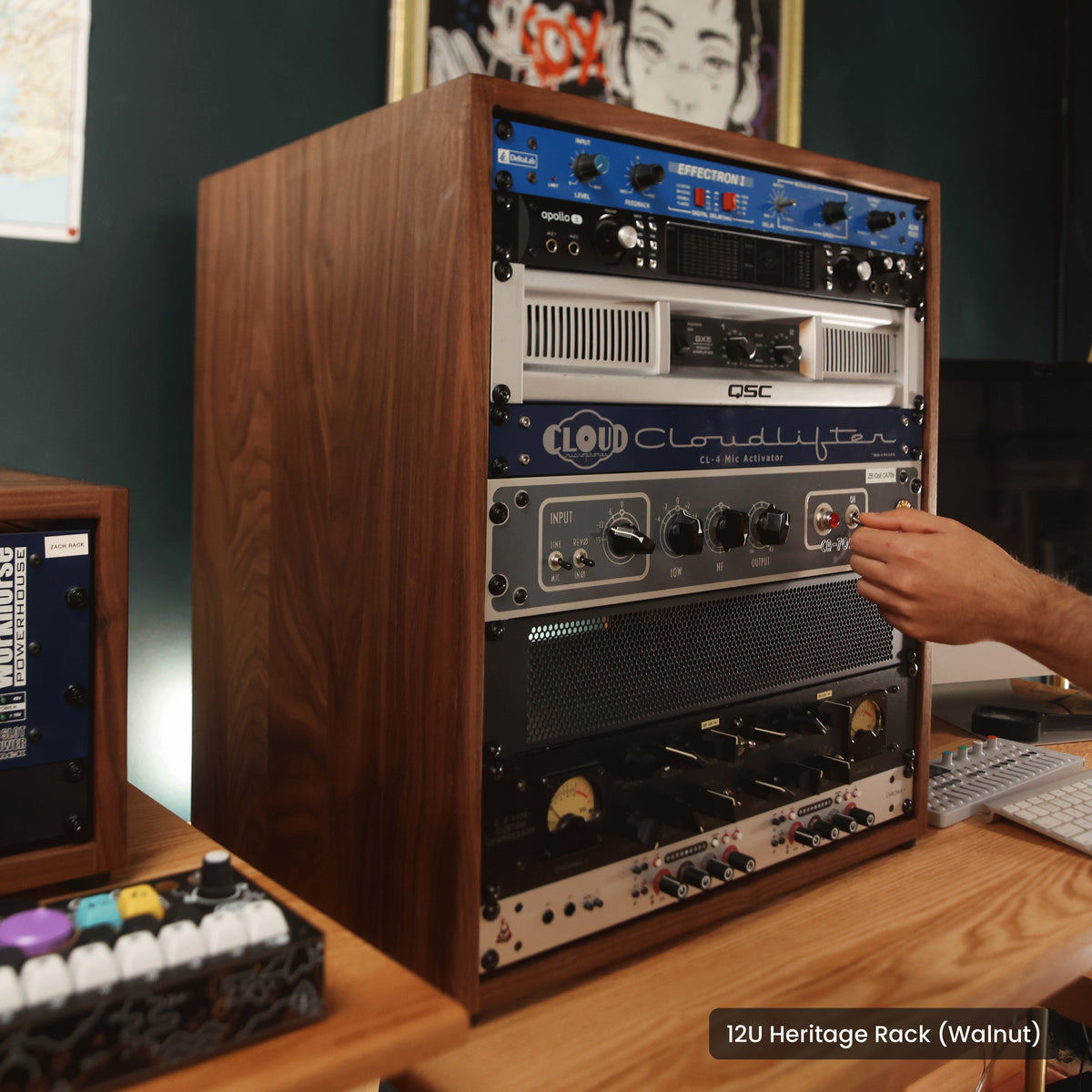 Handmade wood 12U Heritage Rack (Walnut), in a home studio