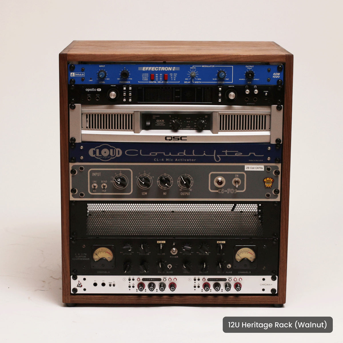 Handmade wood 12U Heritage Rack (Walnut), on a white background