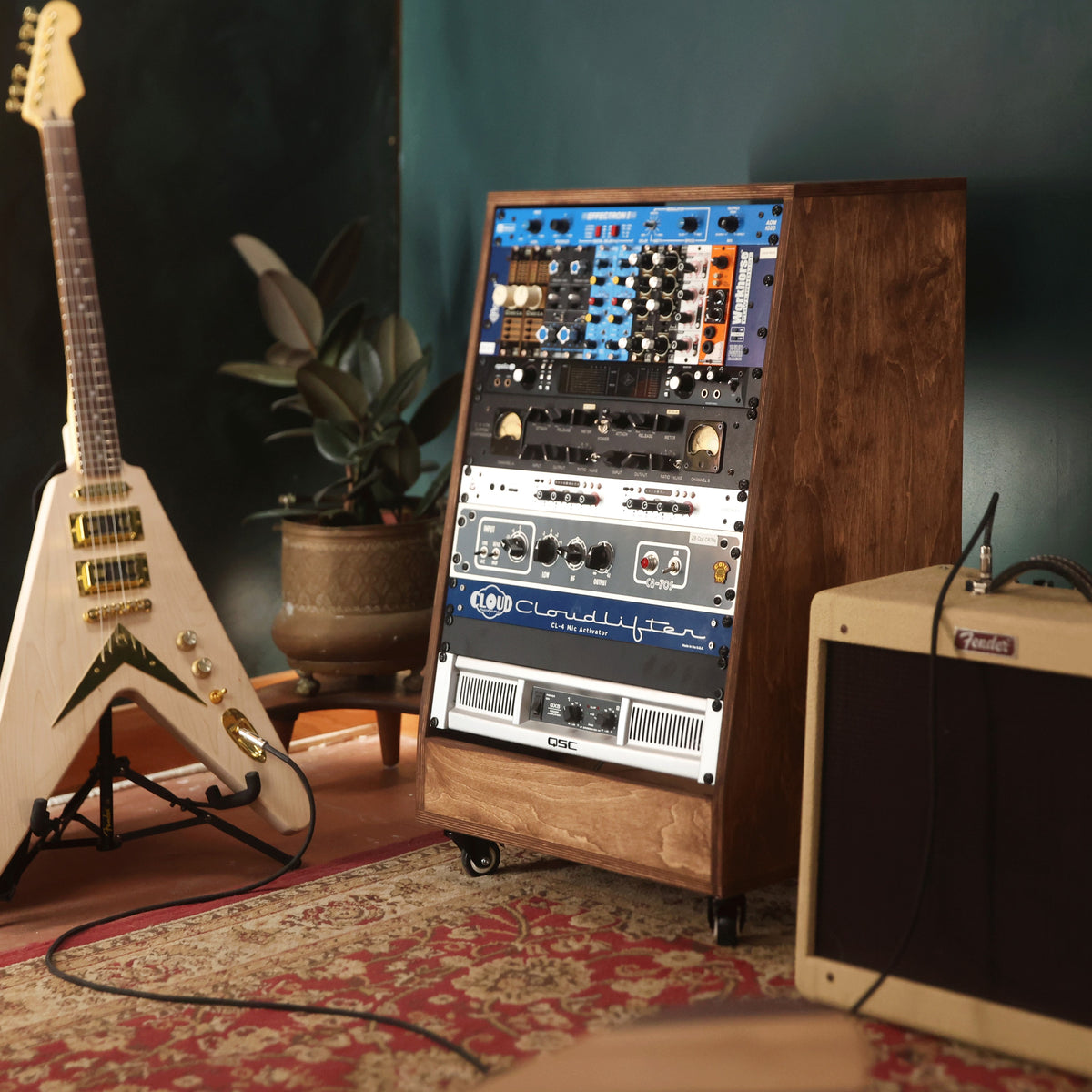 Handmade wood 14U Angled Rack on Wheels (Chocolate), in a home studio