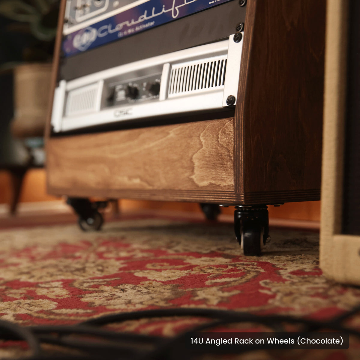 Handmade wood 14U Angled Rack on Wheels (Chocolate), in a home studio