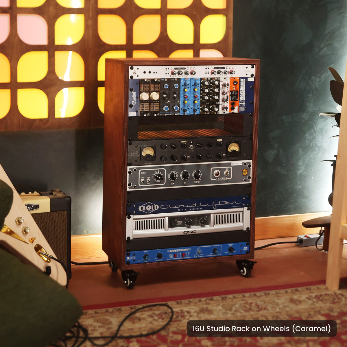 Handmade wood 16U Studio Rack on Wheels (Caramel), in a home studio