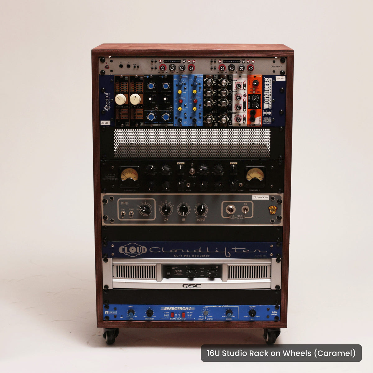Handmade wood 16U Studio Rack on Wheels (Caramel), on a white background