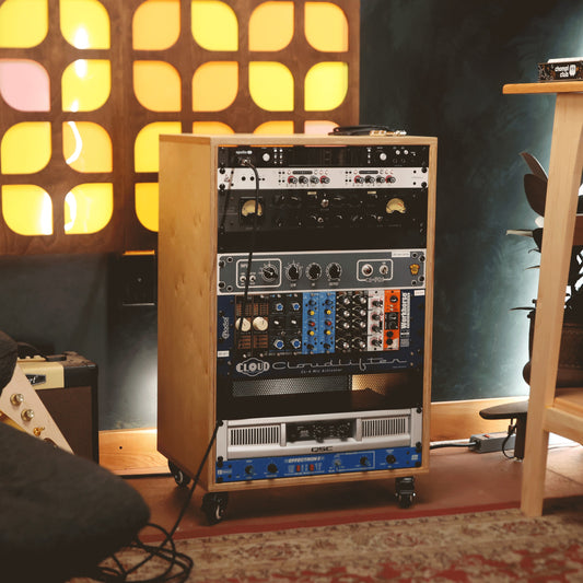 Handmade wood 16U Studio Rack on Wheels with Vented Top (Natural), in a home studio