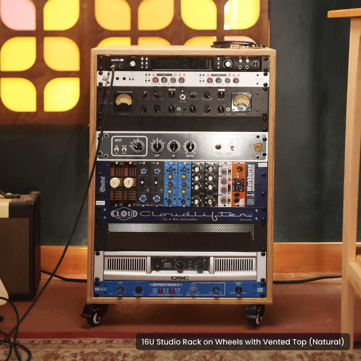 Handmade wood 16U Studio Rack on Wheels with Vented Top (Natural), in a home studio