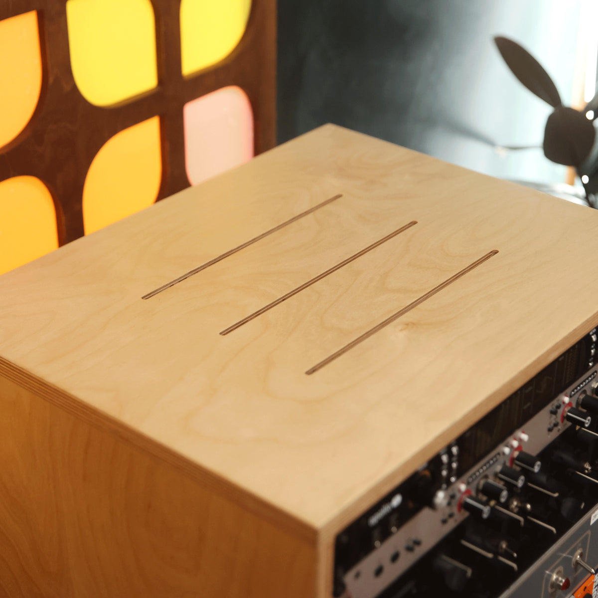 Handmade wood 16U Studio Rack on Wheels with Vented Top (Natural), in a home studio