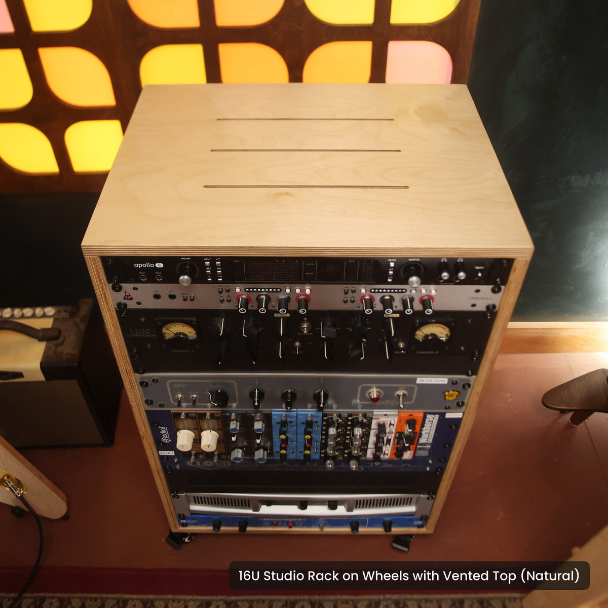 Handmade wood 16U Studio Rack on Wheels with Vented Top (Natural), in a home studio