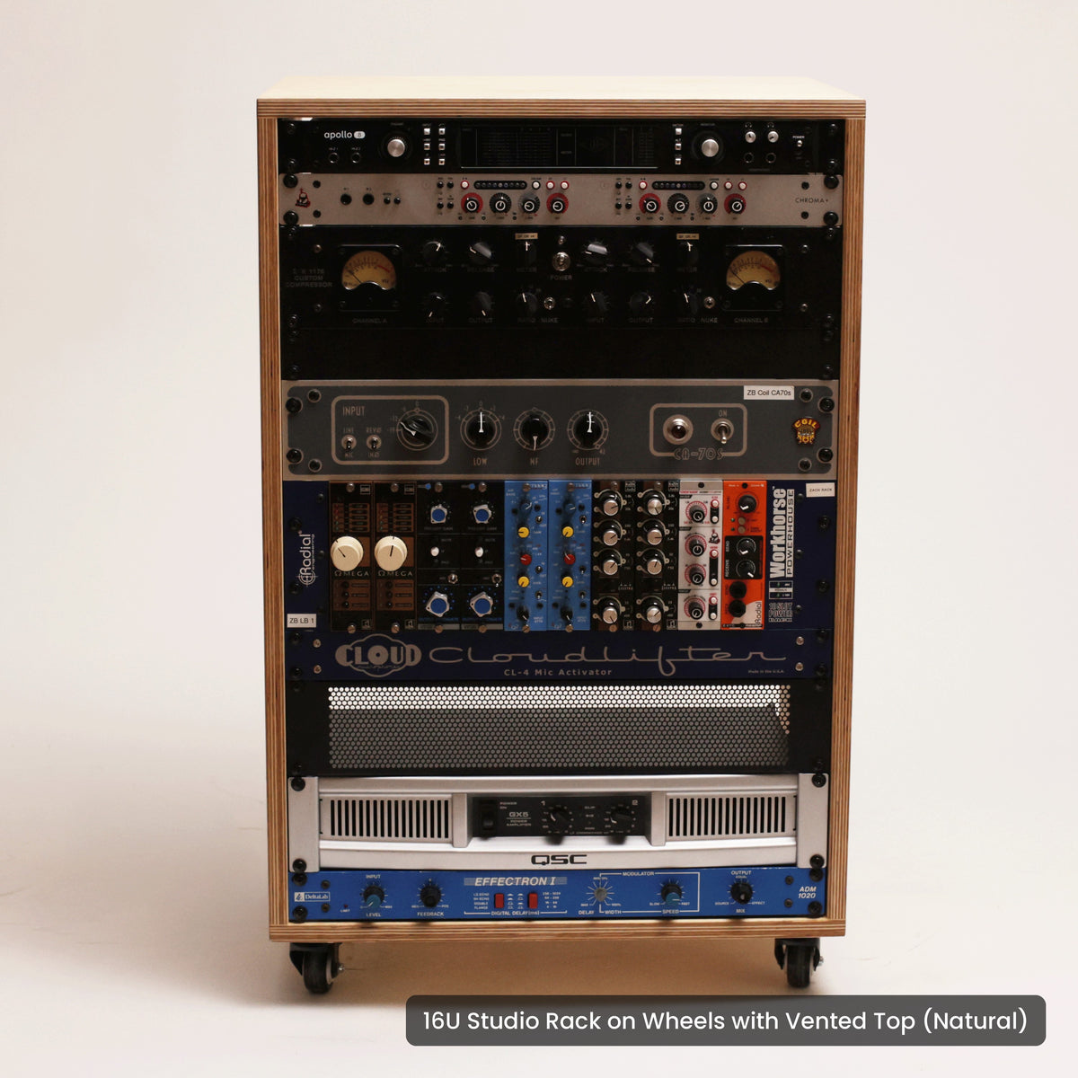 Handmade wood 16U Studio Rack on Wheels with Vented Top (Natural), on a white background