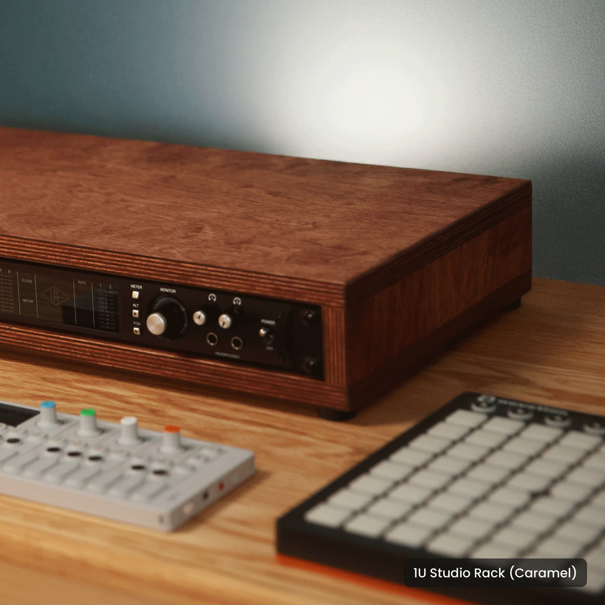 Handmade wood 1U Studio Rack (Caramel), in a home studio