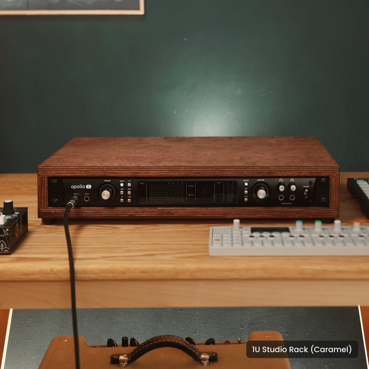 Handmade wood 1U Studio Rack (Caramel), in a home studio
