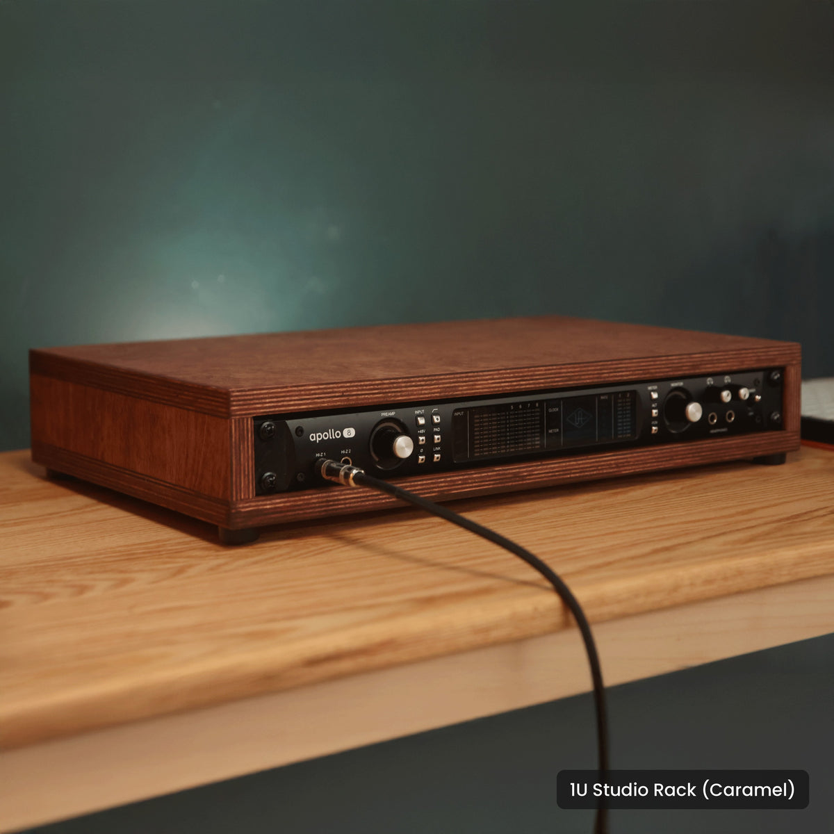 Handmade wood 1U Studio Rack (Caramel), in a home studio