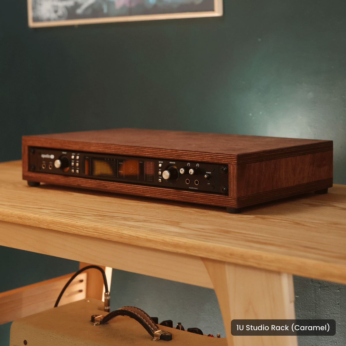 Handmade wood 1U Studio Rack (Caramel), in a home studio