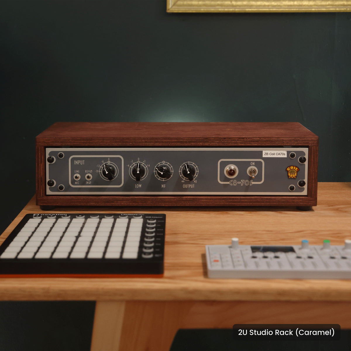 Handmade wood 2U Studio Rack (Caramel), in a home studio