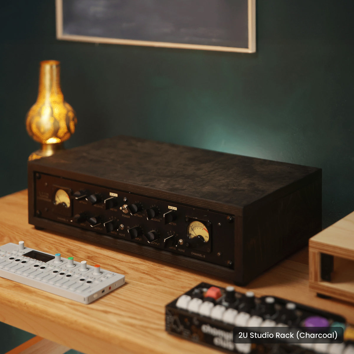 Handmade wood 2U Studio Rack (Charcoal), in a home studio