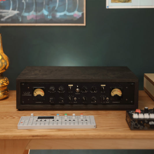 Handmade wood 2U Studio Rack (Charcoal), in a home studio