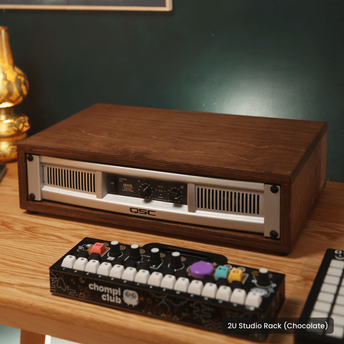 Handmade wood 2U Studio Rack (Chocolate), in a home studio
