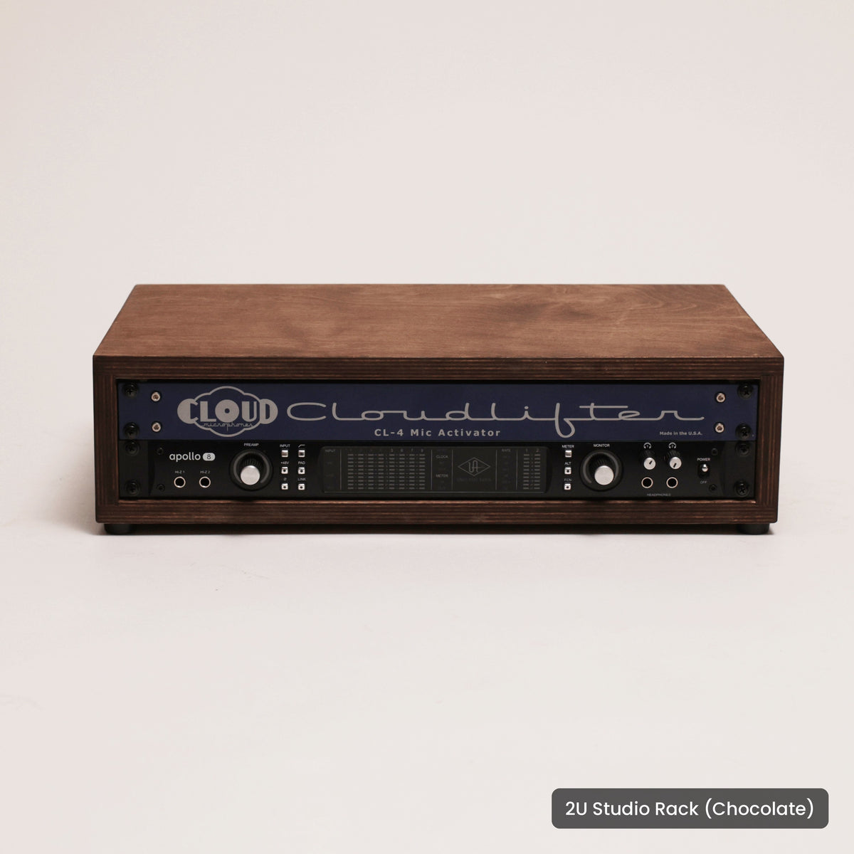Handmade wood 2U Studio Rack (Chocolate), on a white background