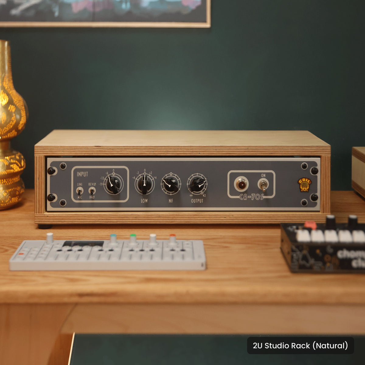 Handmade wood 2U Studio Rack (Natural), in a home studio