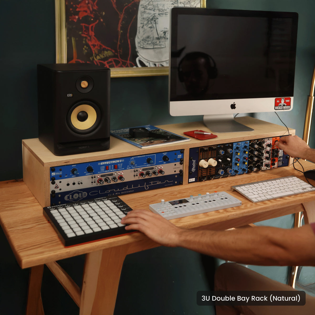 Handmade wood 3U Double Bay Rack (Natural), in a home studio