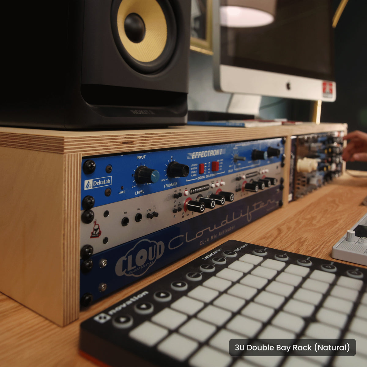 Handmade wood 3U Double Bay Rack (Natural), in a home studio