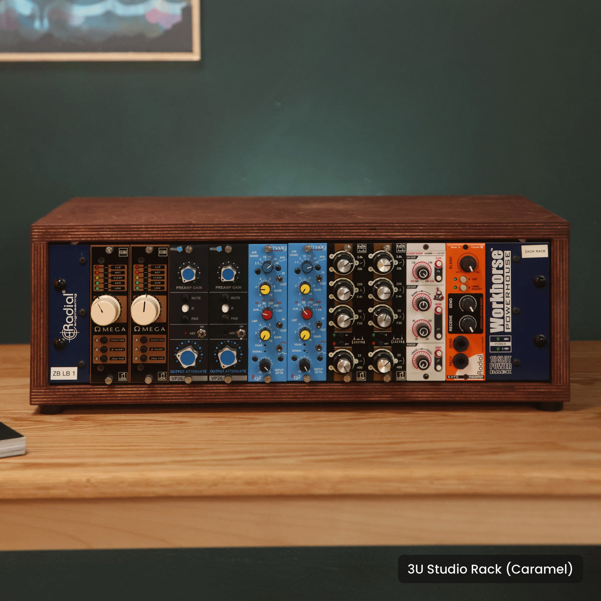 Handmade wood 3U Studio Rack (Caramel), in a home studio
