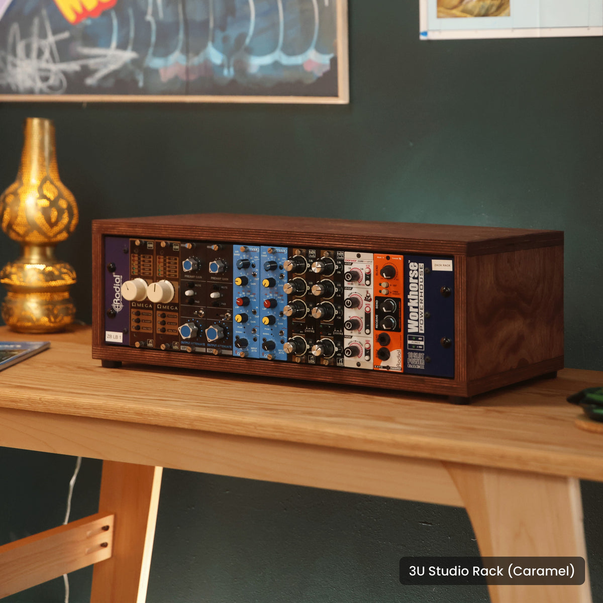 Handmade wood 3U Studio Rack (Caramel), in a home studio