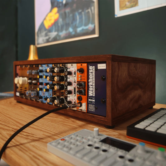 Handmade wood 3U Studio Rack (Caramel), in a home studio