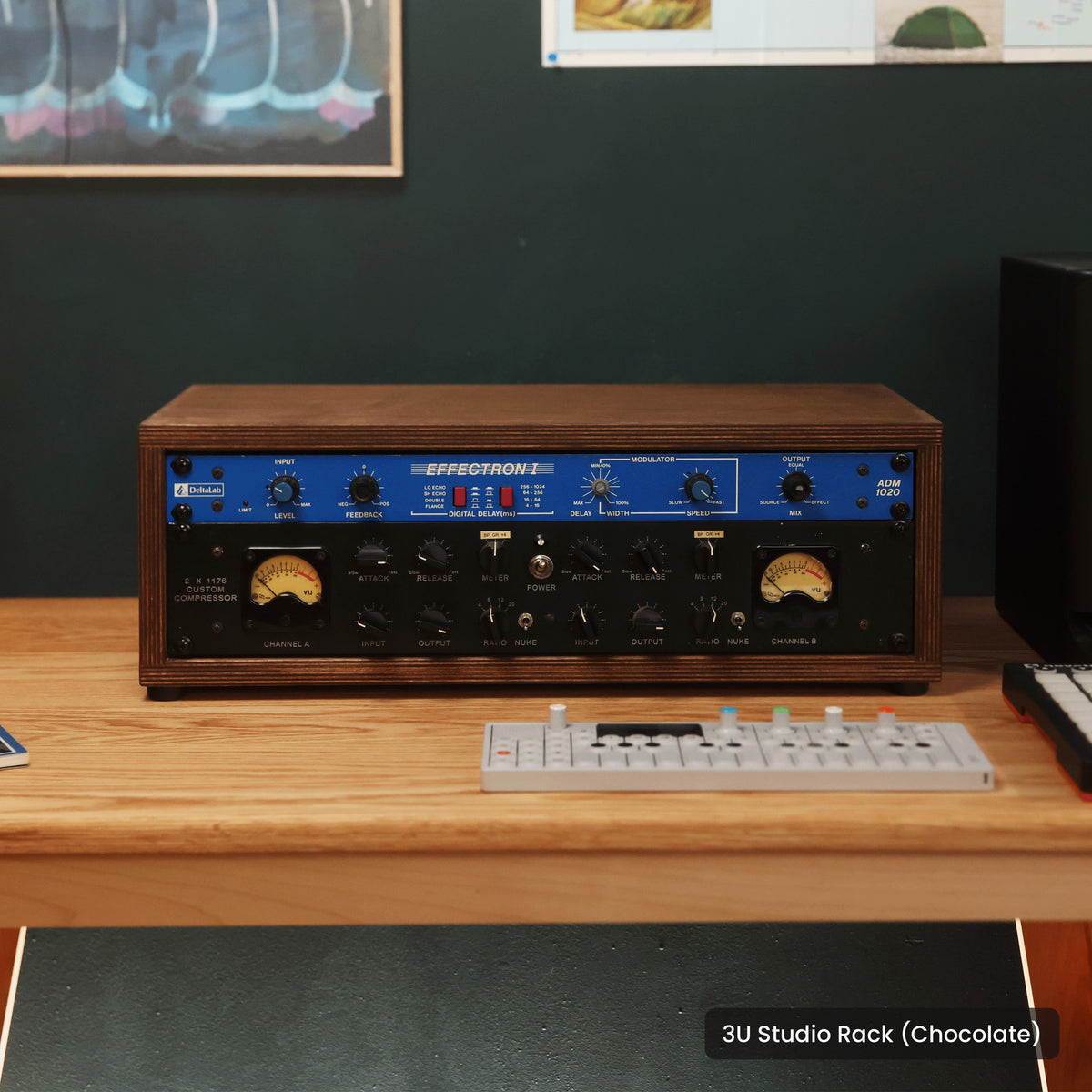 Handmade wood 3U Studio Rack (Chocolate), in a home studio