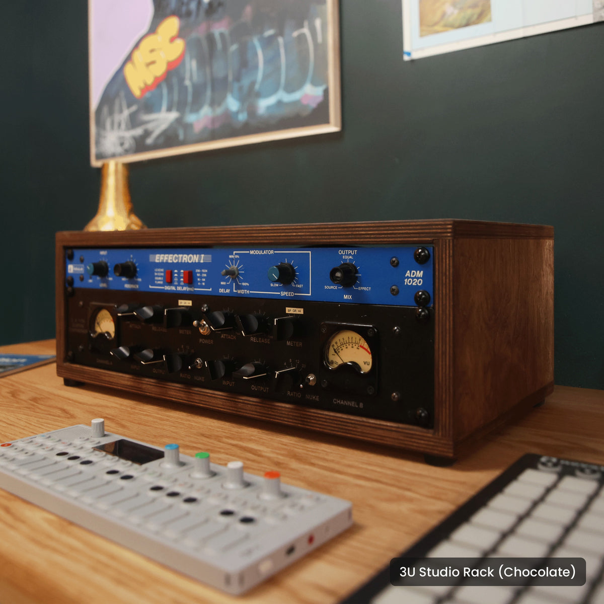 Handmade wood 3U Studio Rack (Chocolate), in a home studio