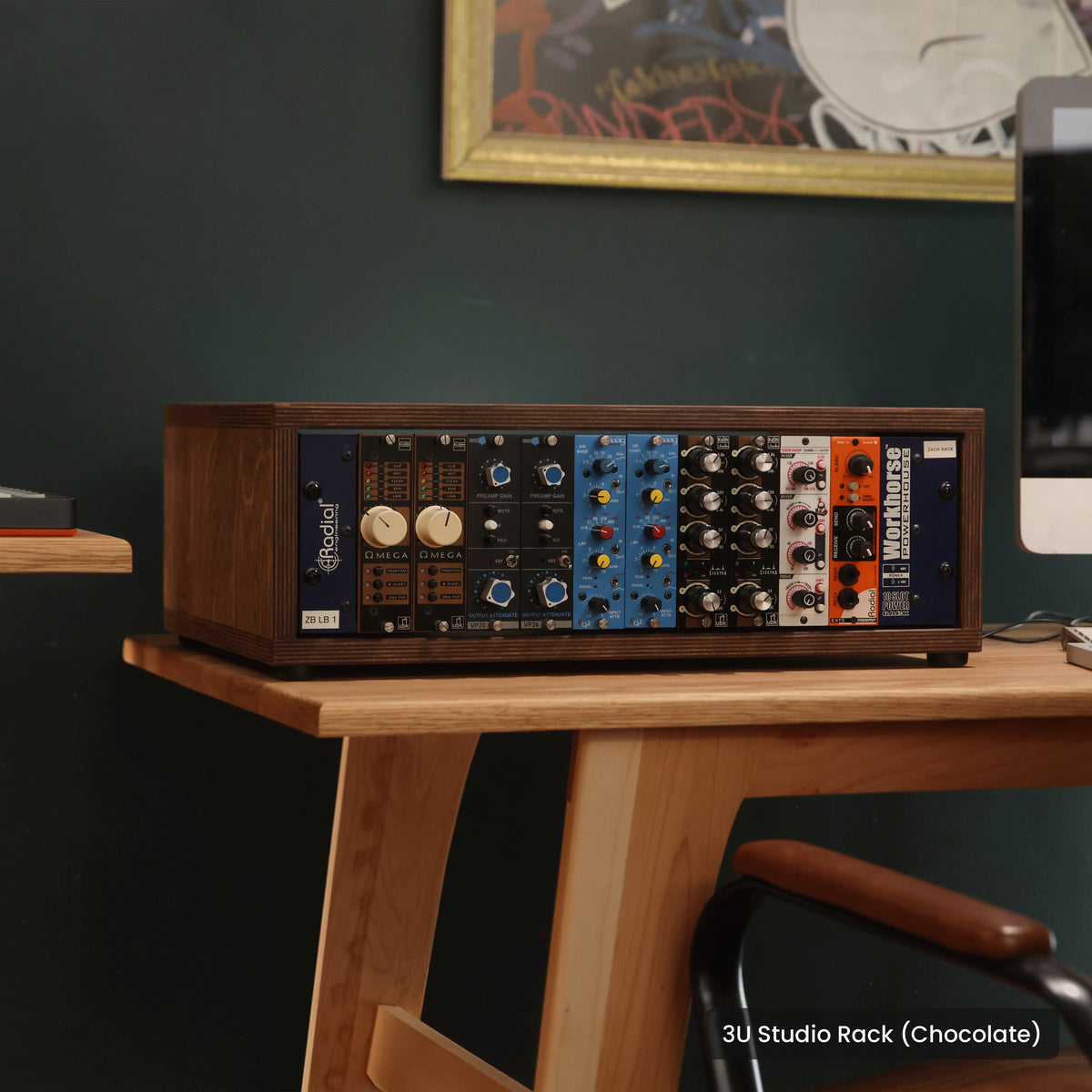 Handmade wood 3U Studio Rack (Chocolate), in a home studio