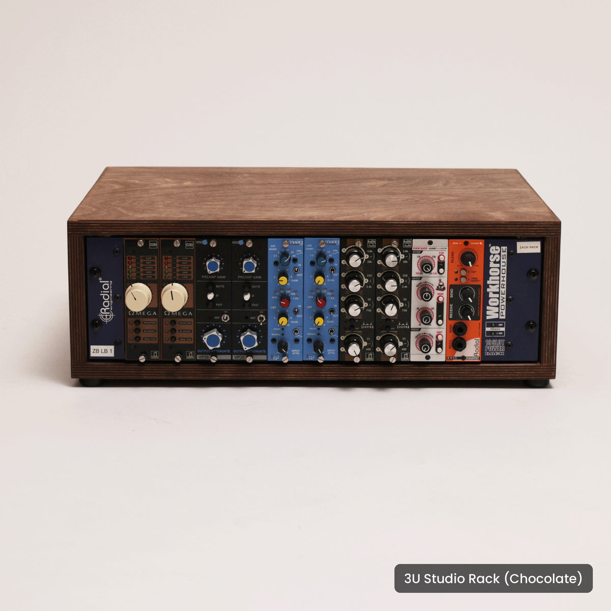 Handmade wood 3U Studio Rack (Chocolate), on a white background