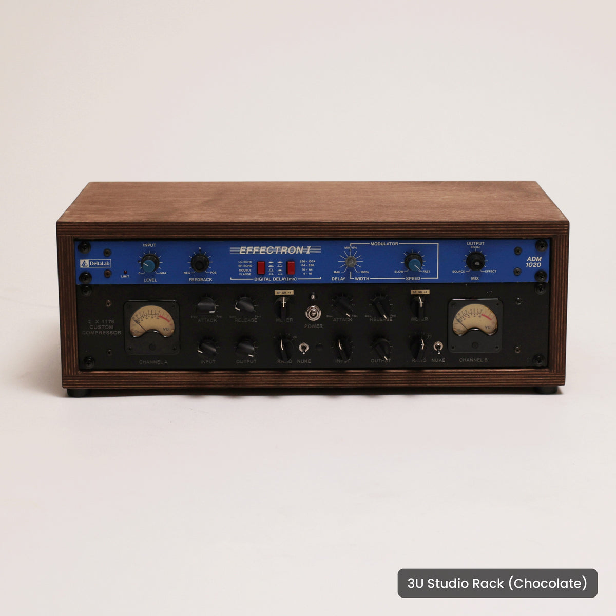 Handmade wood 3U Studio Rack (Chocolate), on a white background